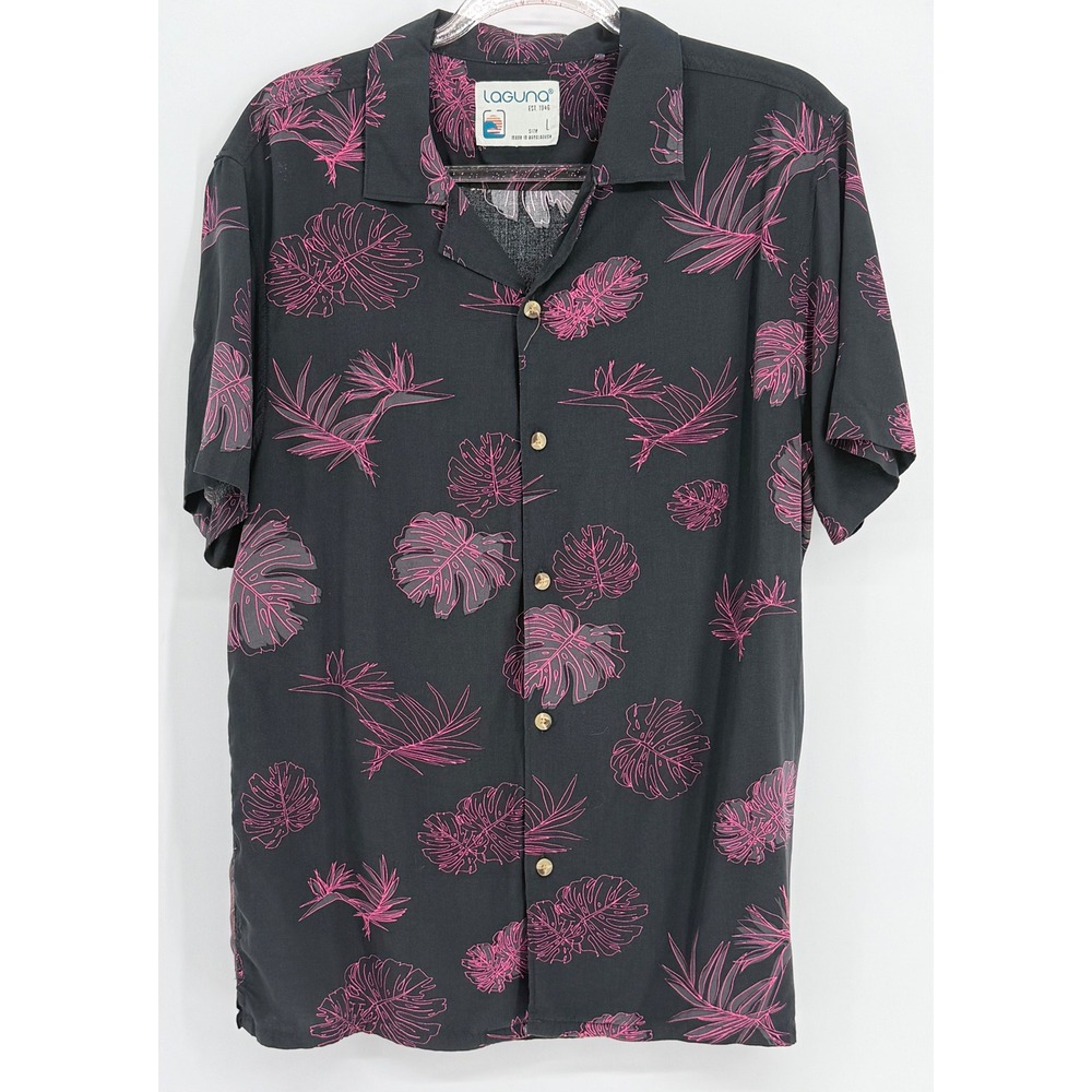 Laguna Mens Short Sleeve Rayon Tropical Floral Button Down Shirt‎ Gray Pink Sz L